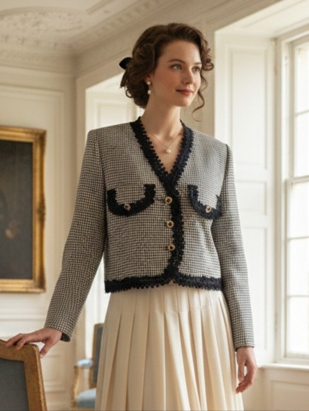 Beechers Brook M Vintage Old Money Timeless Classic Houndstooth Lace Crop Blazer